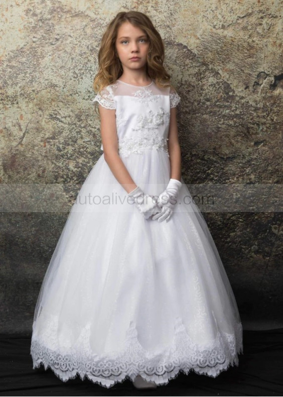 Beaded White Lace Tulle Flower Girl Dress With Scalloped Edge